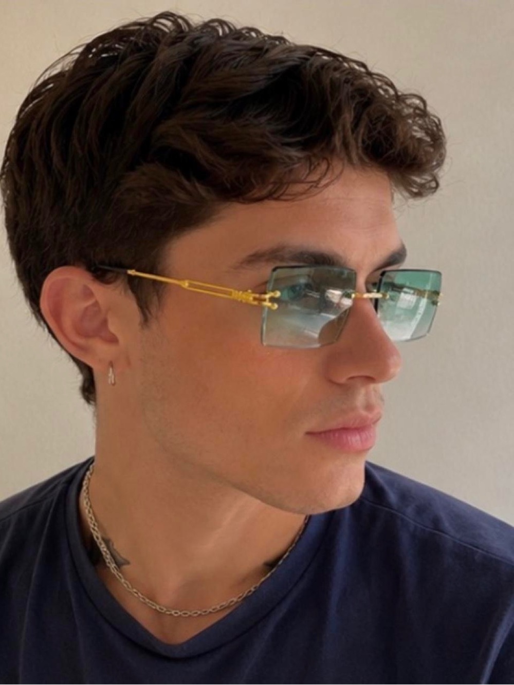 Men Green Gradient Rimless Rectangle Gold Frame Sunglasses UV400